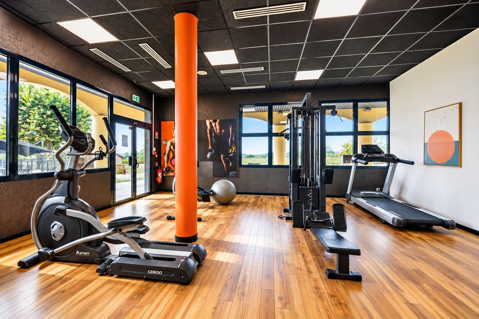 A gym with cardio machines, free weights, and a large orange pillar.