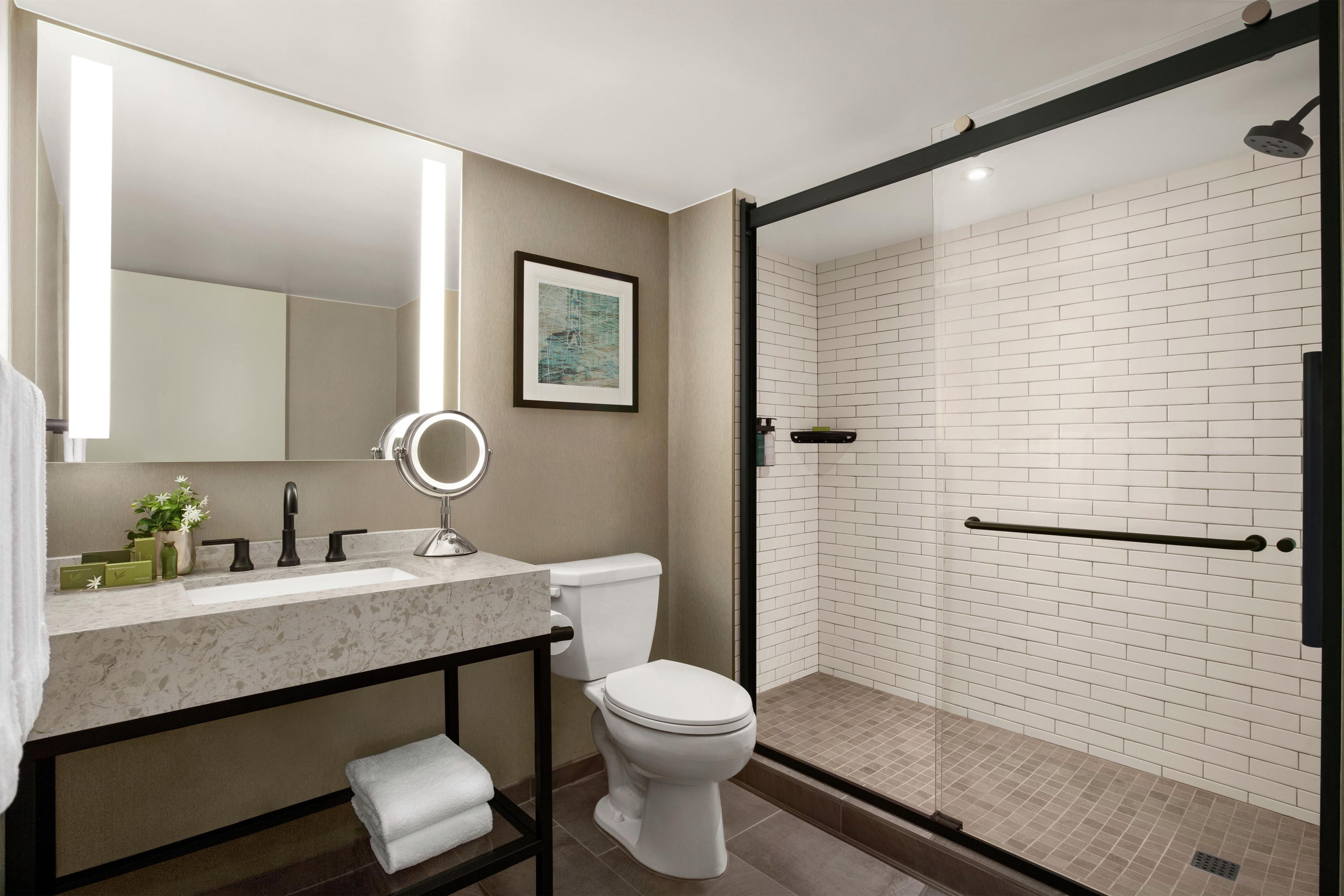 A modern bathroom with a glass-enclosed shower, a marble sink, and a toilet.