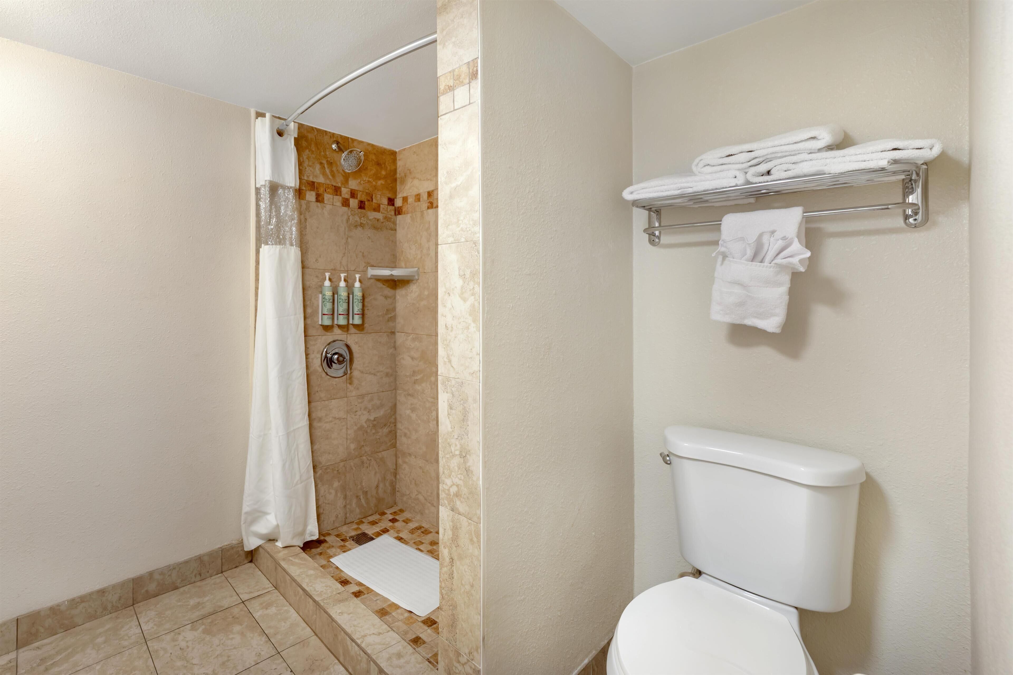 Un baño con ducha, inodoro y perchero para toallas.