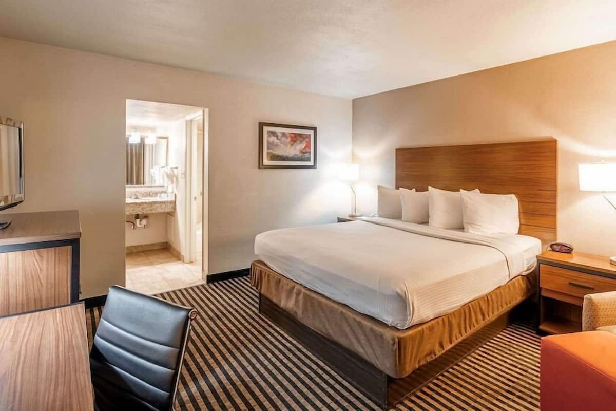 A hotel room with a large bed, bedside tables, a desk, a chair, and a TV.