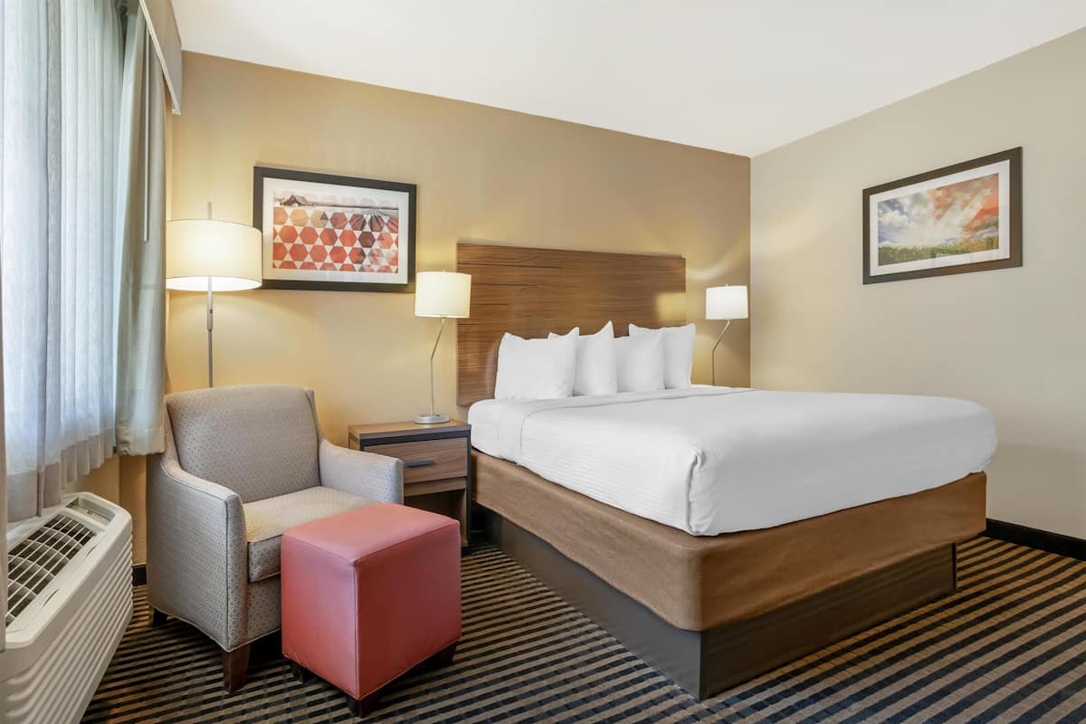 A hotel room with a bed, a chair, a small table, a lamp, and a picture on the wall.