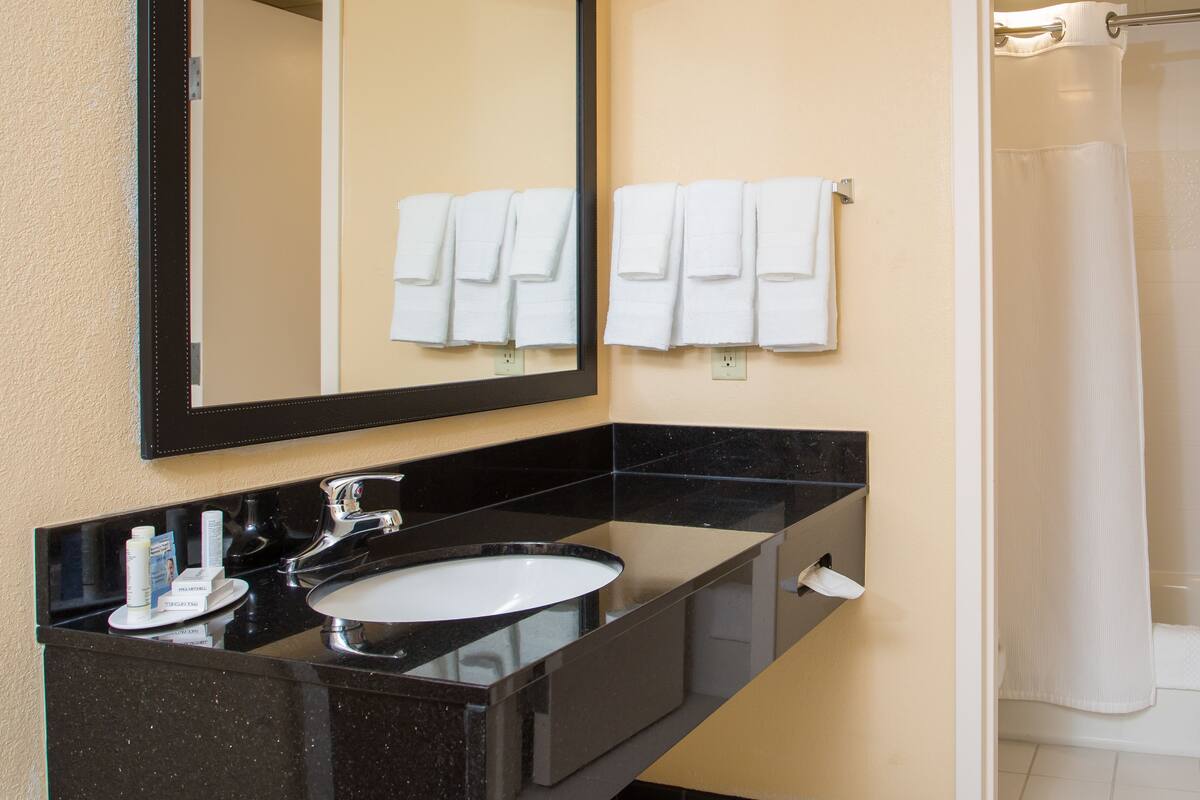 Combined shower/tub, free toiletries, hair dryer, towels
