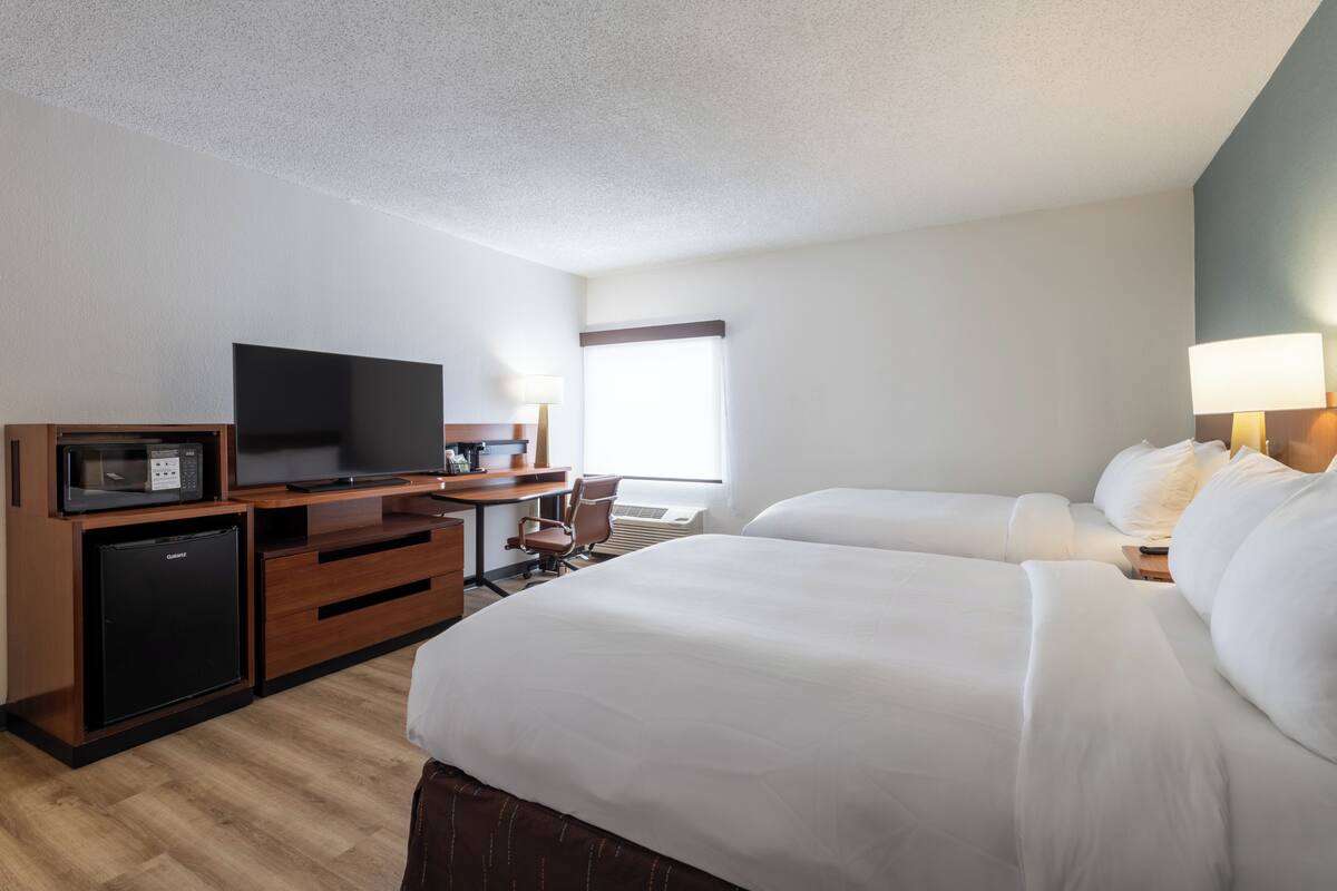 Standard Room, 2 Double Beds, Non Smoking | Desk, blackout drapes, iron/ironing board, cribs (free)