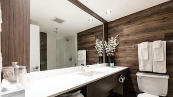 Combined shower/tub, hair dryer, towels