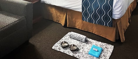 A hotel room with a bed, bedside table, lamp, chair, and a small table with bowls and a tissue box.