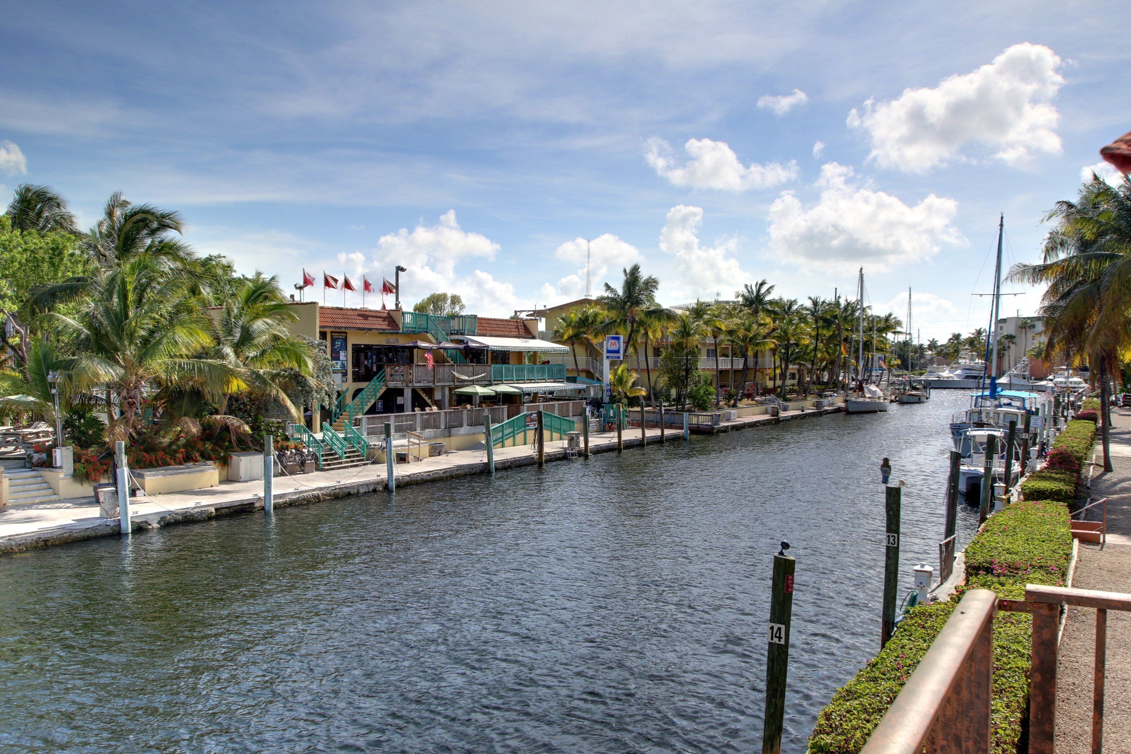 A waterfront hotel with a dock, palm trees, and a clear sky.