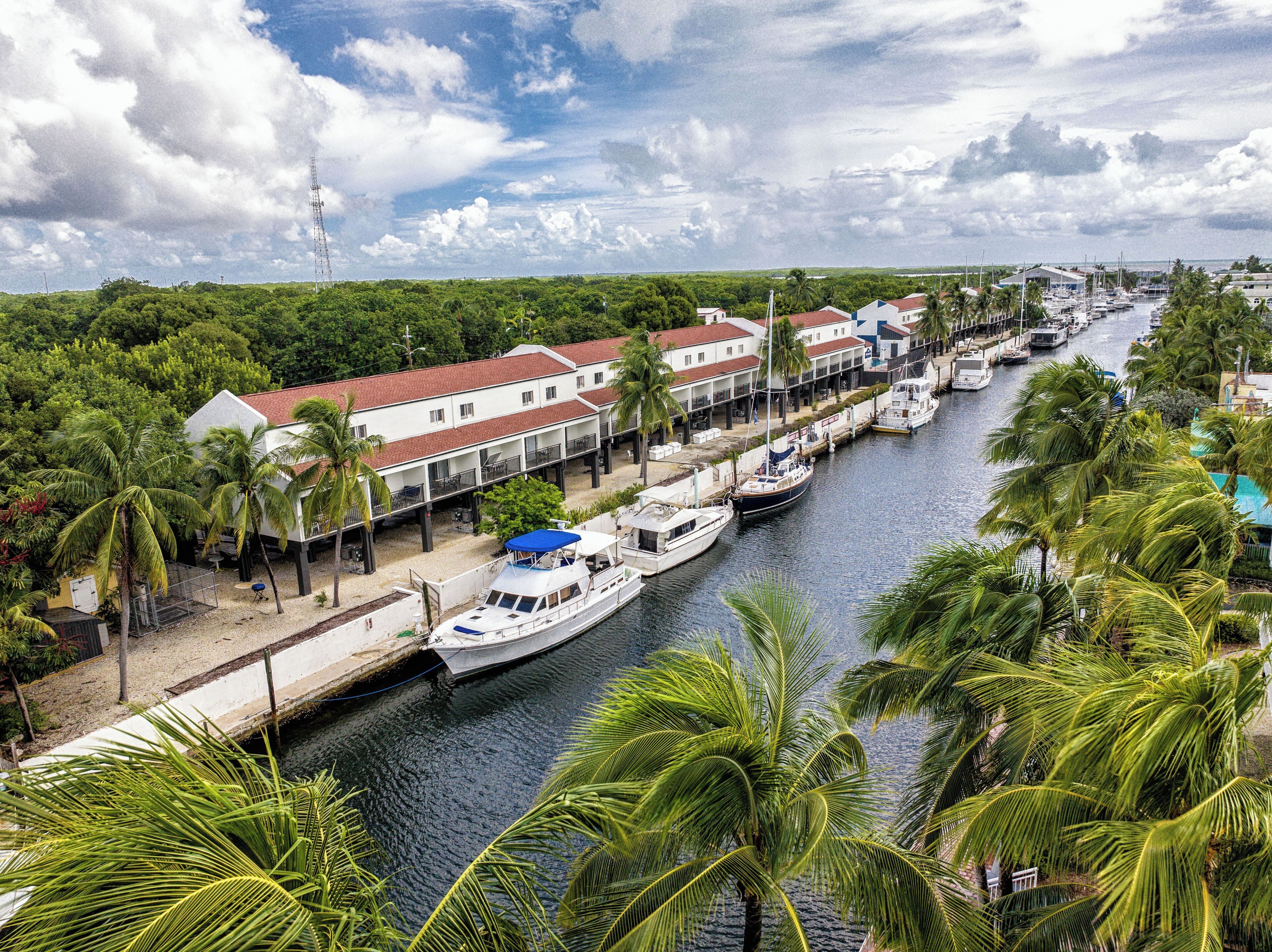 A marina with boats docked along a waterfront, surrounded by lush greenery and residential buildings.