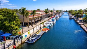 Marina con barcos amarrados a lo largo de un frente marítimo, rodeada de edificios y palmeras.
