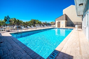 Outdoor pool, pool umbrellas, pool loungers