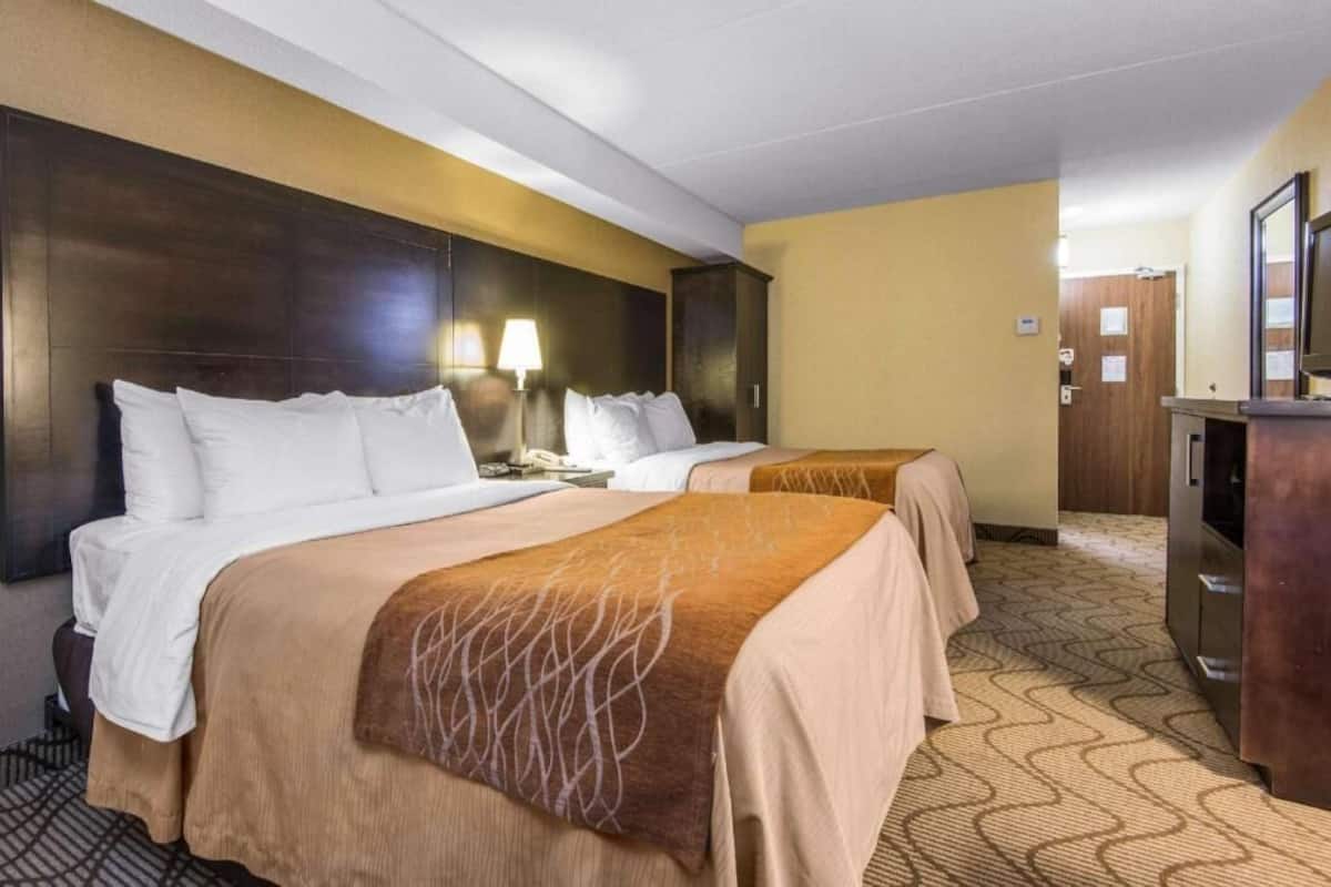 A hotel room with two beds, a wooden headboard, a desk with a lamp, and a television.