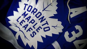 Primer plano de una camiseta deportiva con el texto 'TORONTO MAPLE LEAFS' bordado.