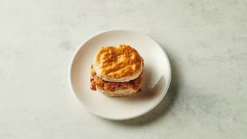 Un sándwich de pollo solo sobre un plato blanco.