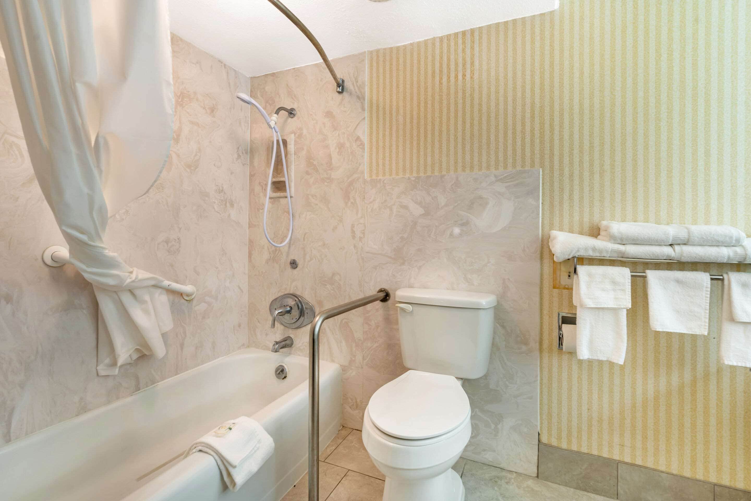 A bathroom with a bathtub, toilet, and shower.