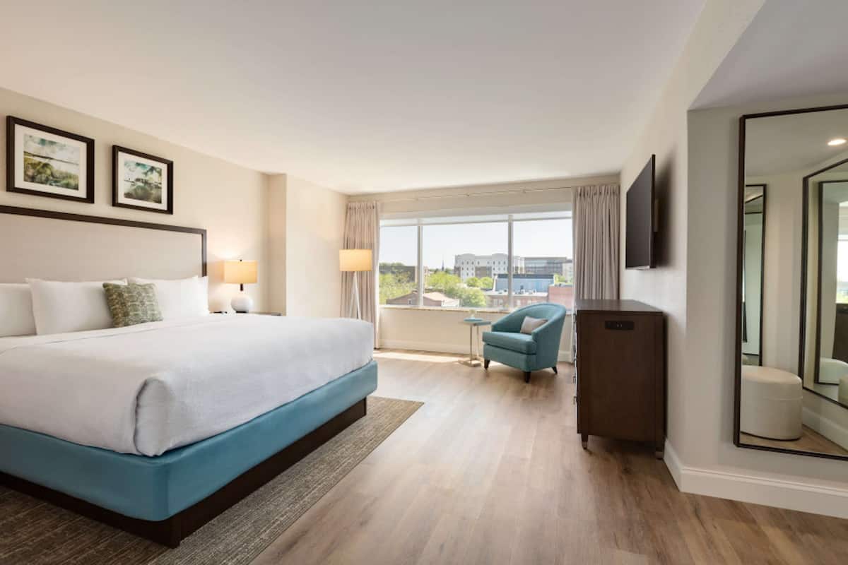 A hotel room with a large bed, a desk, a chair, a TV, and a window with a city view.