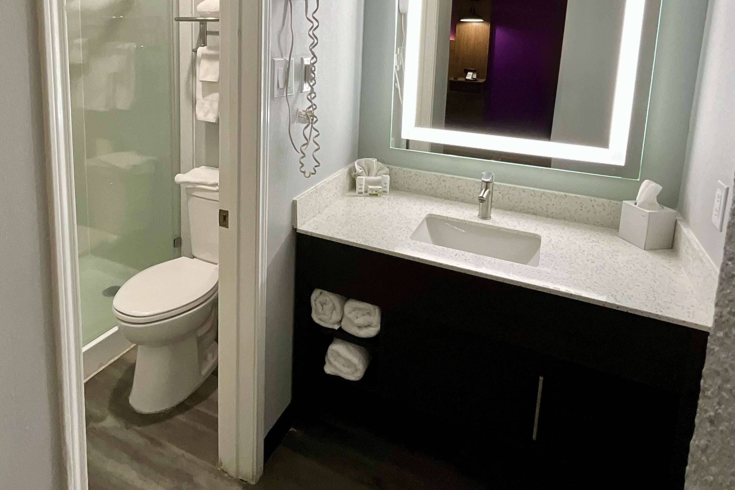 Et moderne badeværelse med toilet, glasvæg ved brusebad, hvid vask med spejl og håndklædestang.