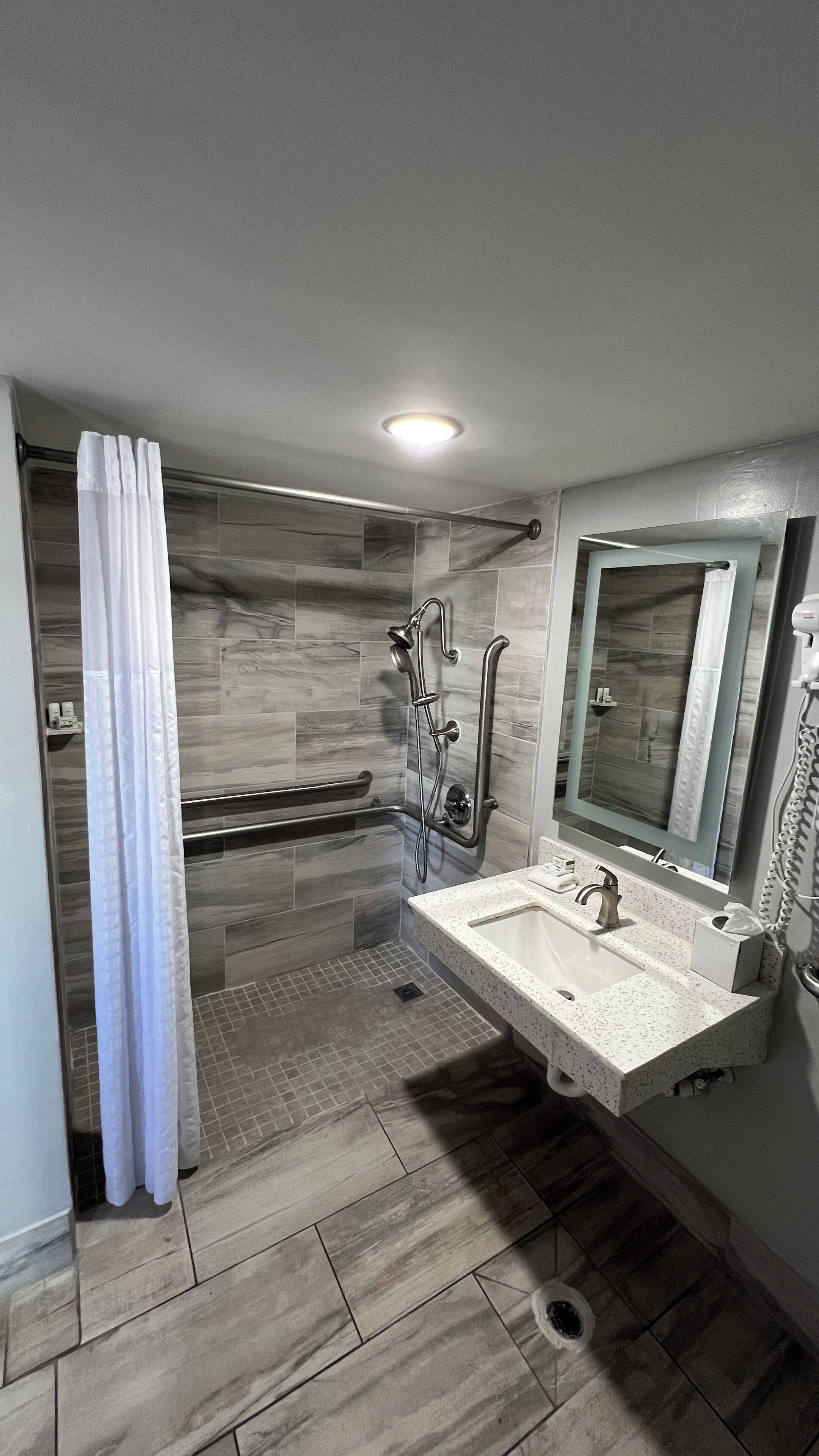 A modern bathroom with a shower, grab bars, a sink, and a mirror.