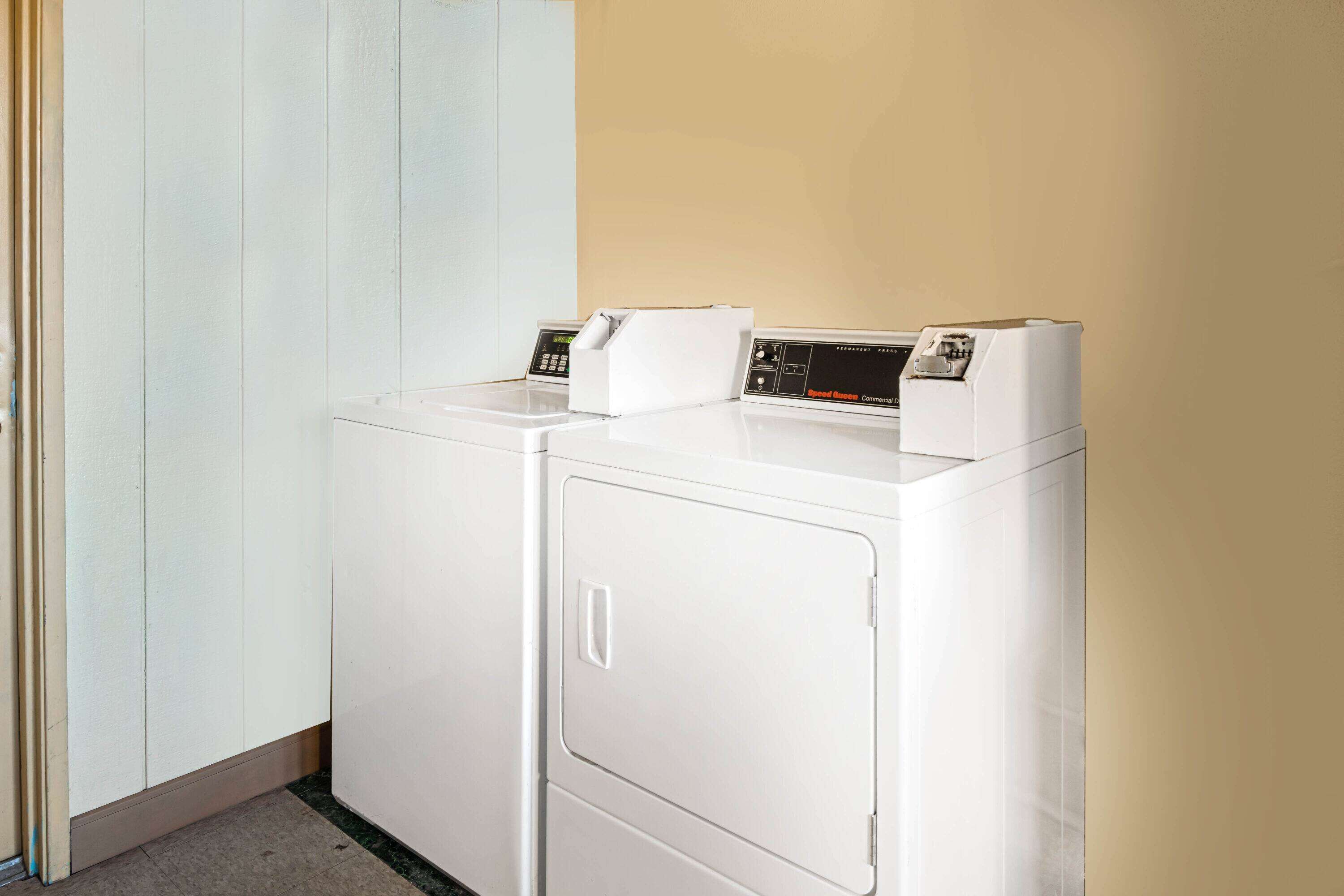 Une buanderie équipée de deux machines à laver à chargement frontal, de couleur blanche, et d’un panneau de commande.