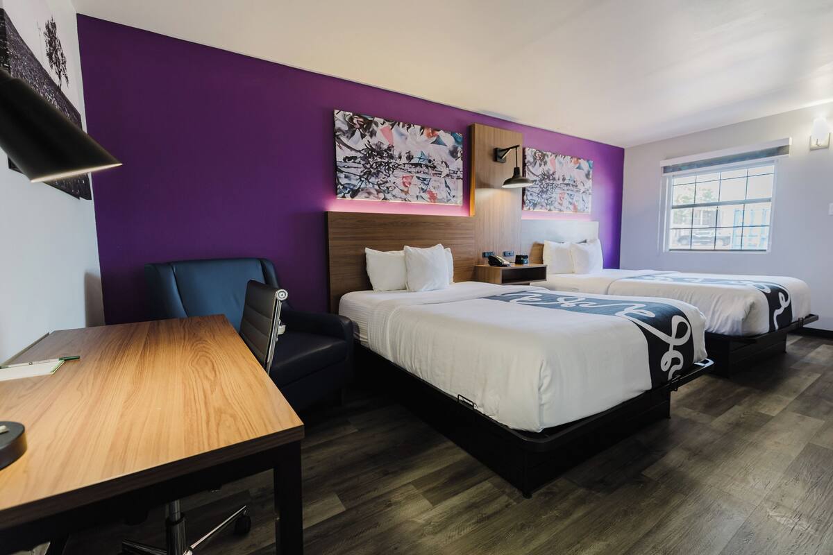 Room, 2 Queen Beds, Bathtub Grab Bars, Non Smoking | Premium bedding, desk, laptop workspace, blackout drapes