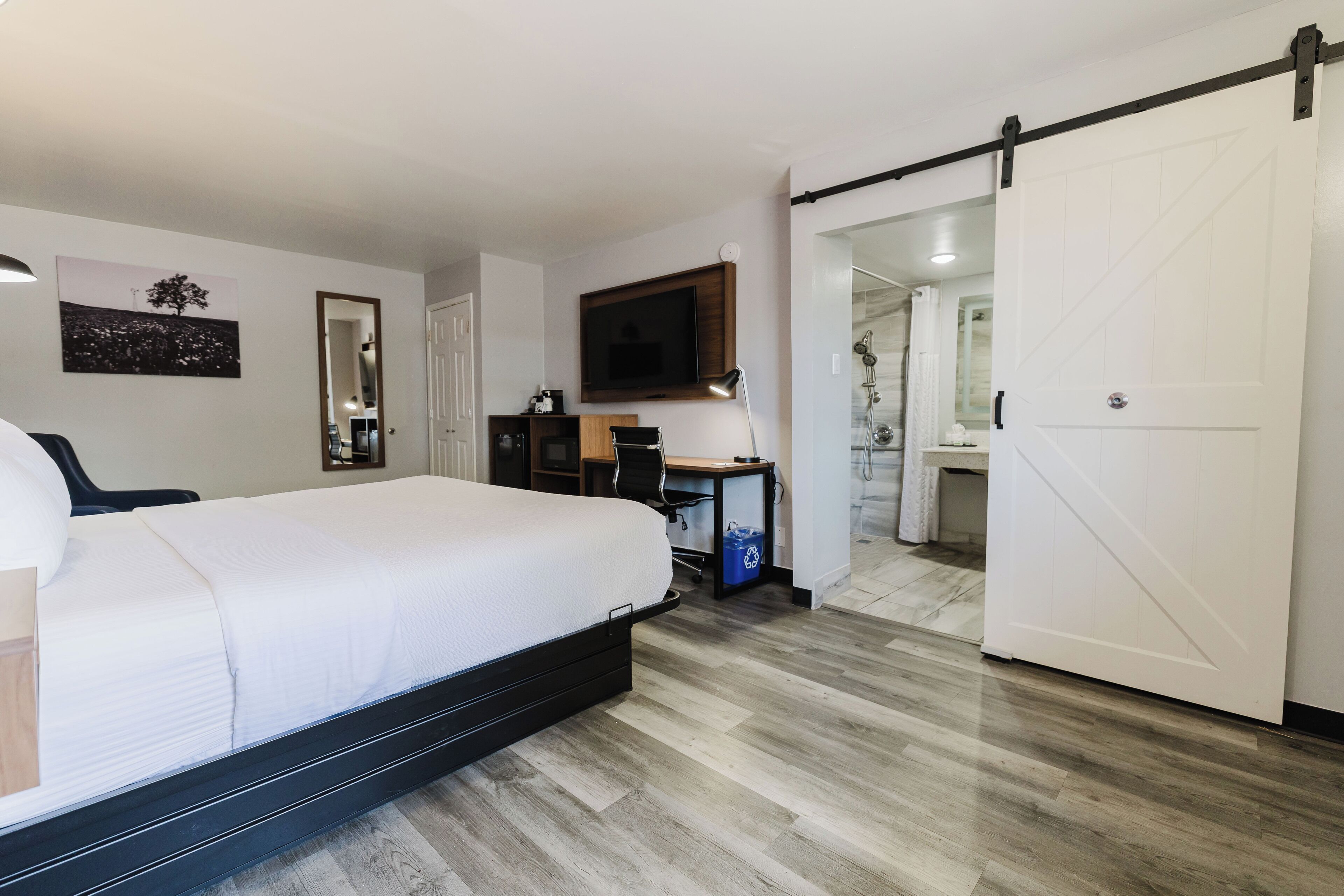 Deluxe Room, 1 King Bed, Mobility Accessible, Non Smoking (Roll-In Shower) | Premium bedding, desk, laptop workspace, blackout drapes