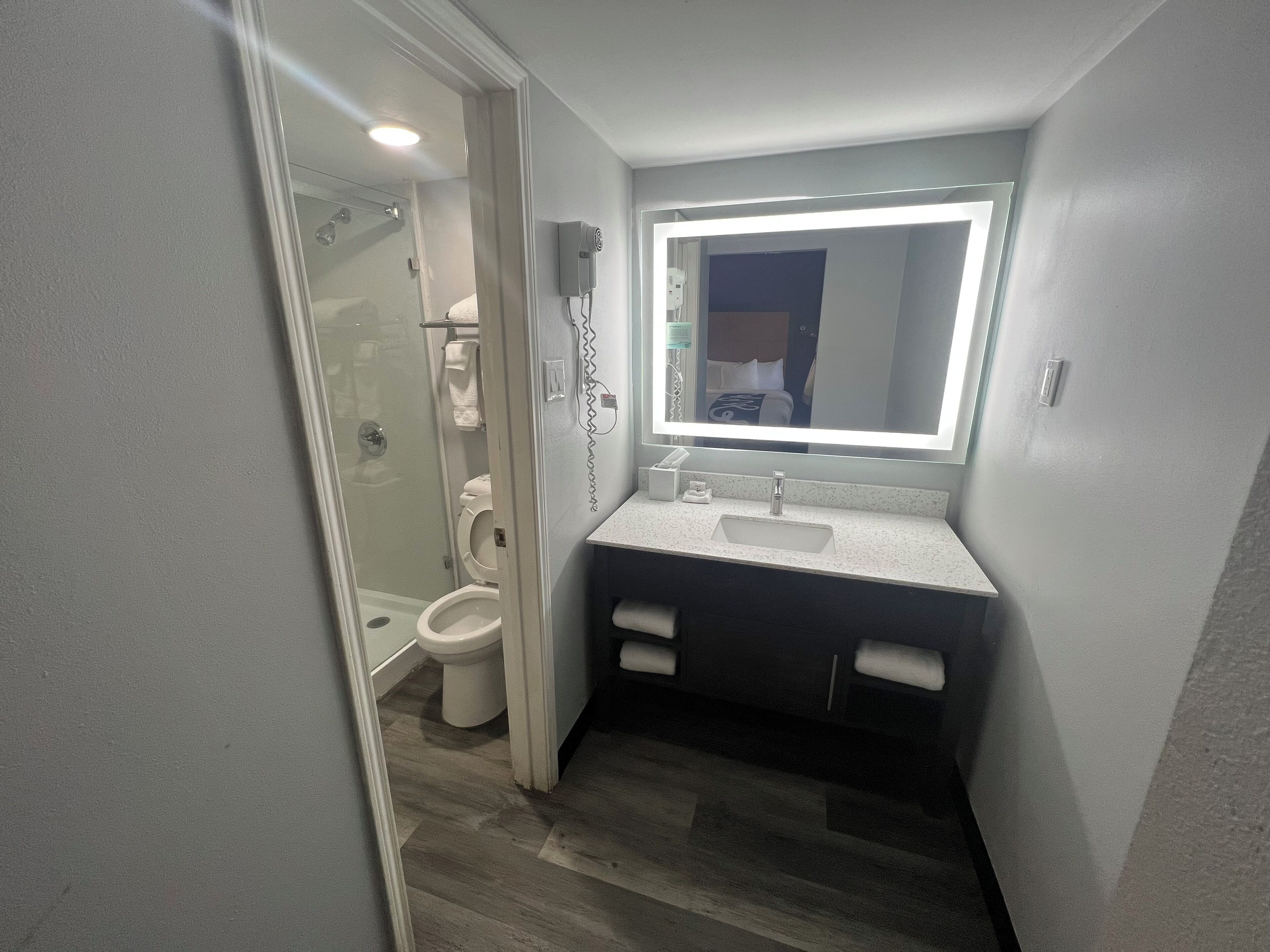 A modern bathroom with a glass shower enclosure, a white toilet, a sink with a mirror above it, and a wooden floor.