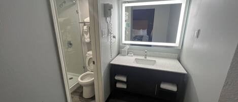 A modern bathroom with a glass shower enclosure, a white toilet, a sink with a mirror above it, and a wooden floor.