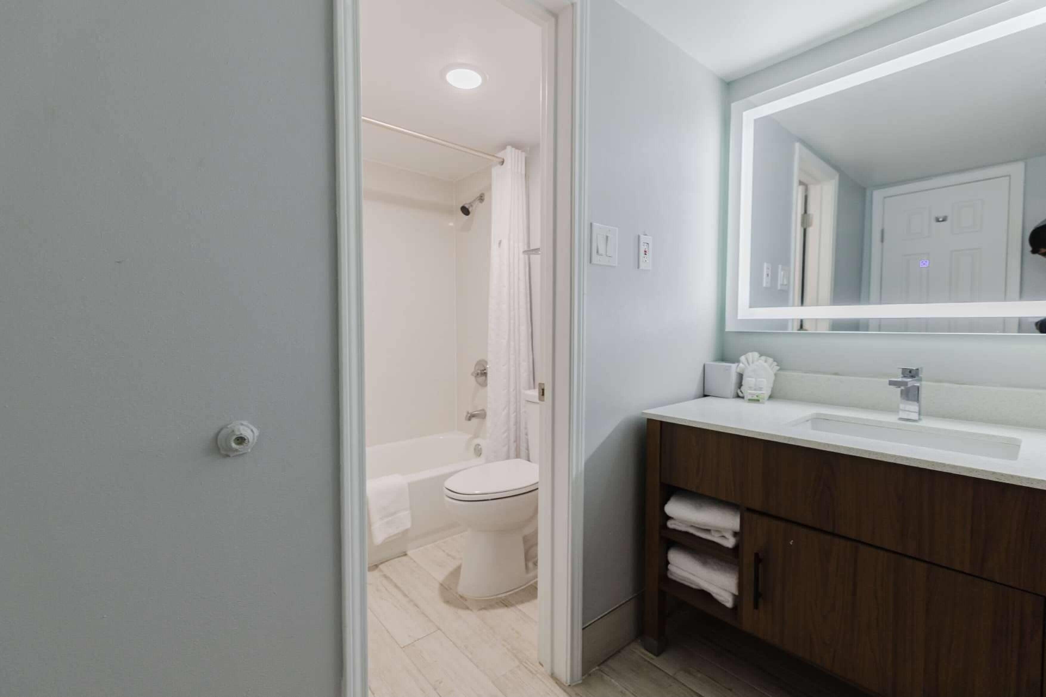 Une salle de bain moderne équipée d’une douche, de toilettes et d’un meuble-lavabo avec un miroir.