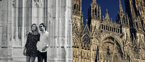 A Gothic cathedral with intricate stone carvings and statues.
