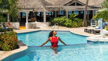 Outdoor pool, pool umbrellas, sun loungers