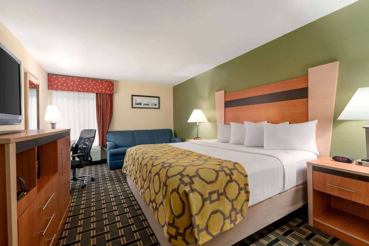 A hotel room with a bed, a desk, a chair, a TV, and a window with curtains.