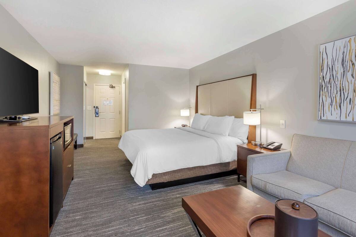 Une chambre d’hôtel avec un lit, un canapé, un bureau et une télévision.