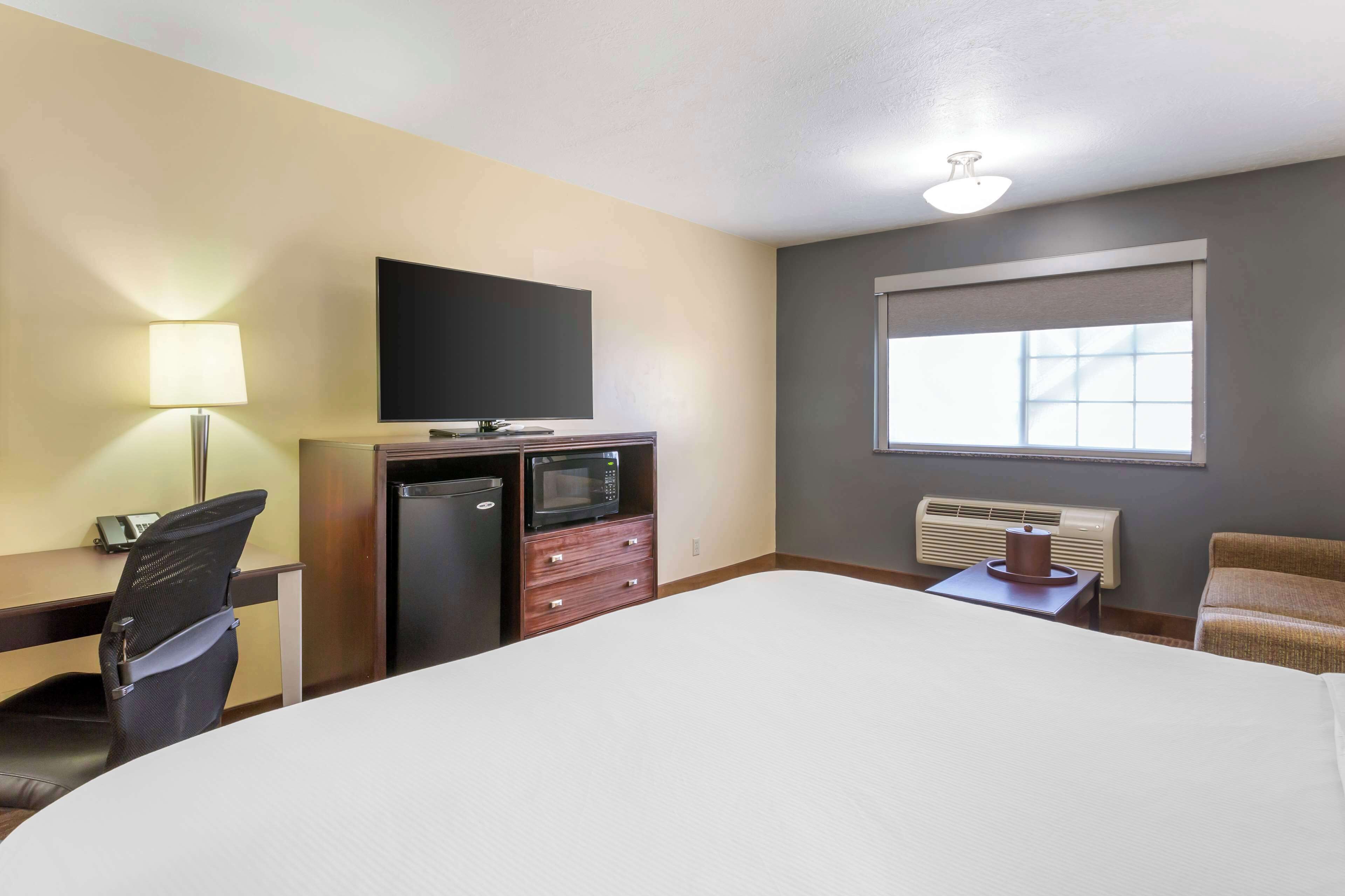 A hotel room with a bed, desk, chair, TV, microwave, and a window with blinds.
