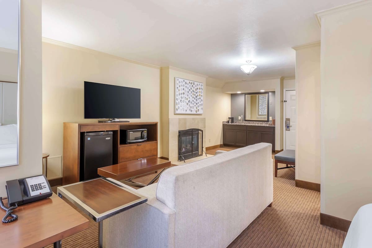 Une chambre d’hôtel équipée d’une kitchenette, d’un téléviseur à écran plat, d’un canapé, d’une table à manger et d’un téléphone.