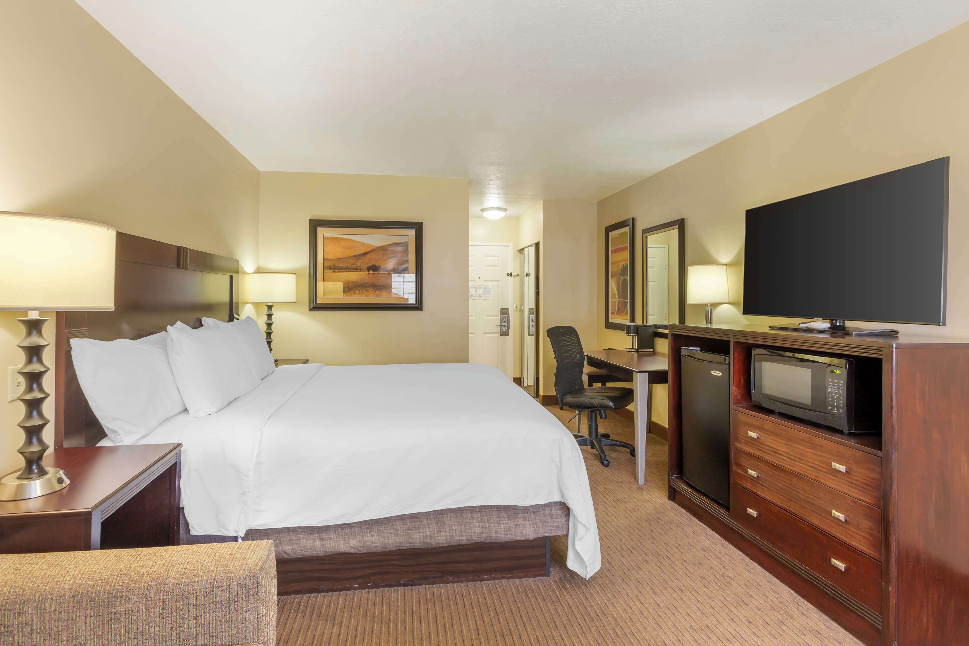 A hotel room with a large bed, a desk with a chair, a television, and a microwave.