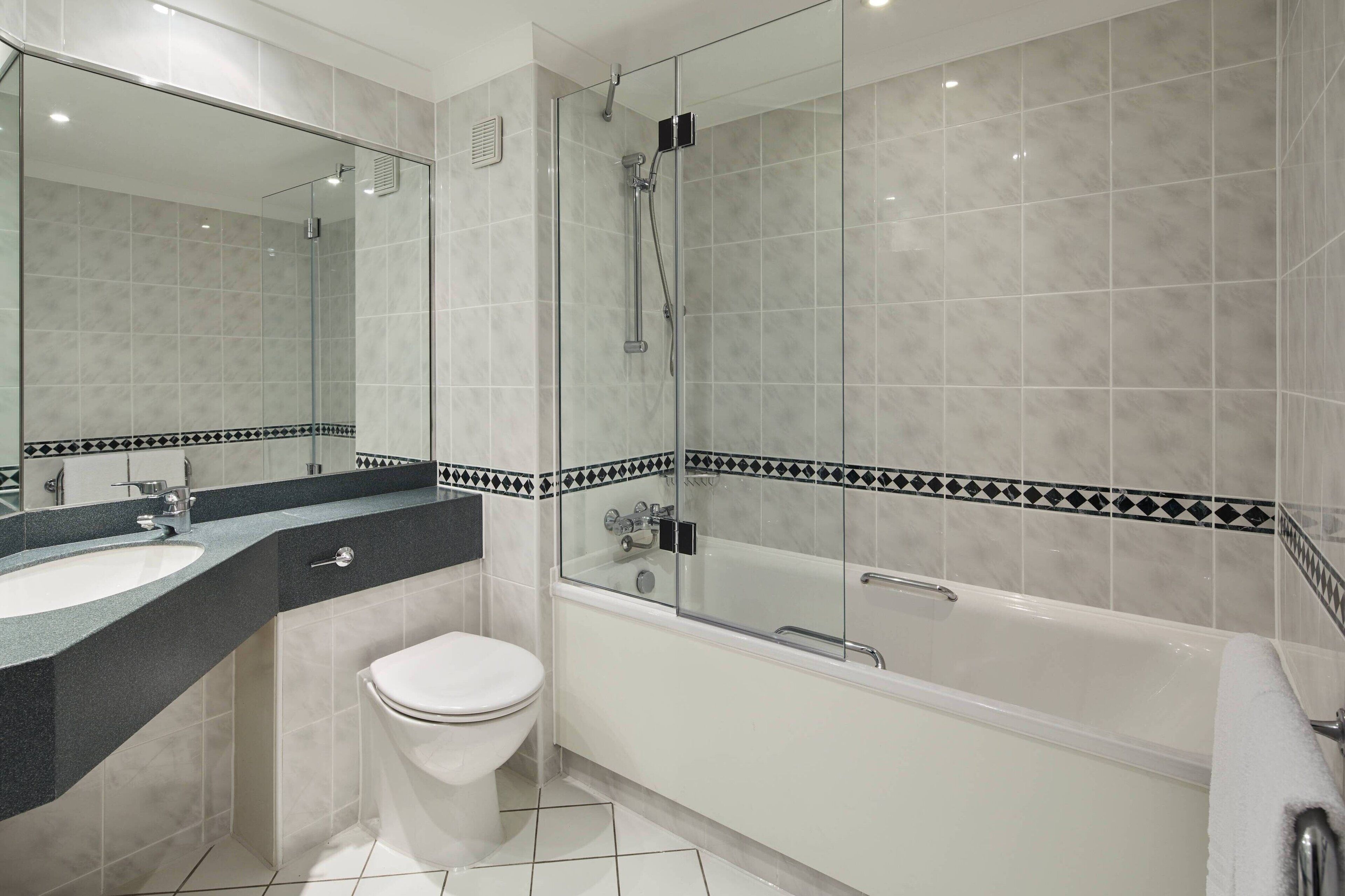 combined shower/bathtub, free toiletries, hair dryer, towels