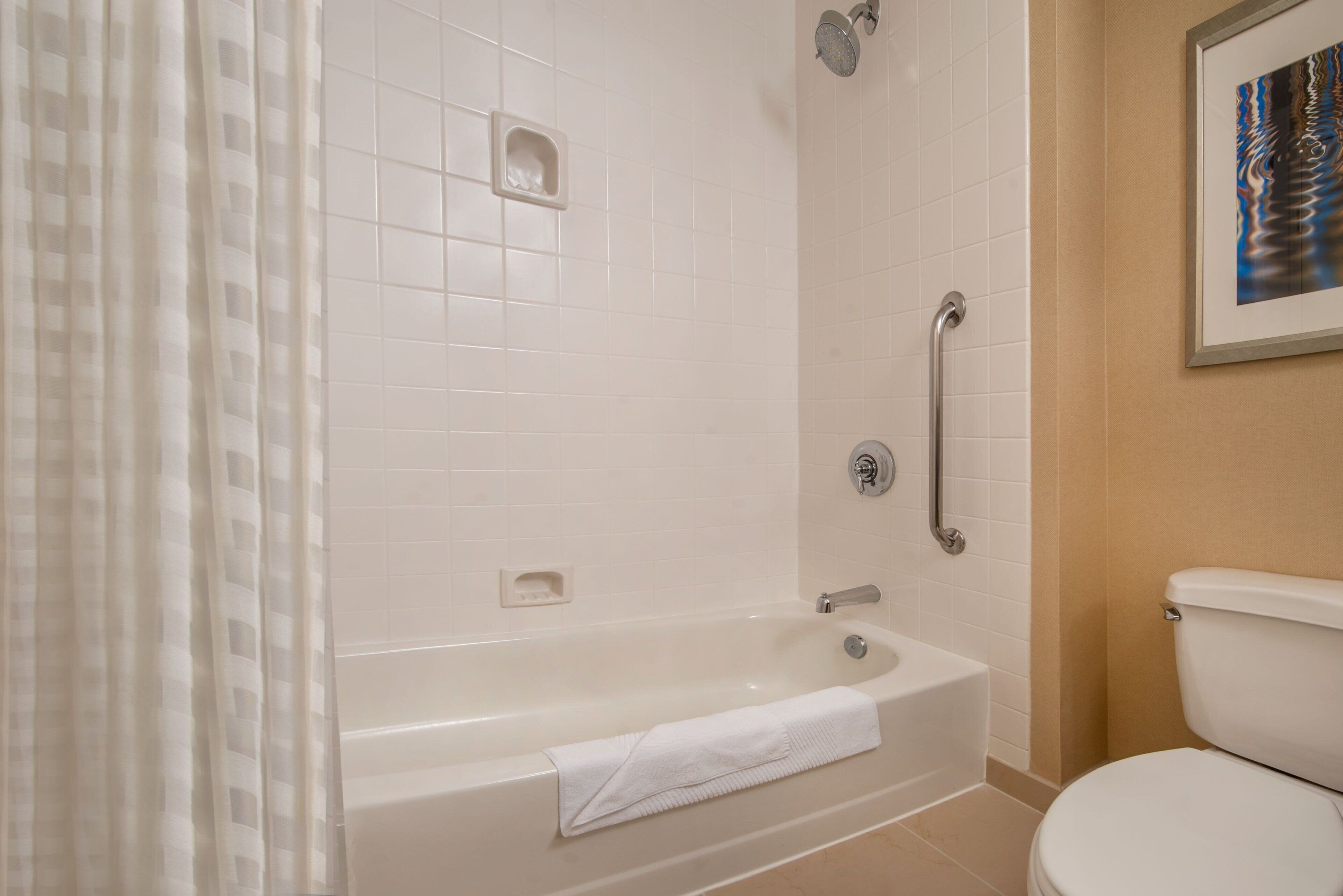 combined shower/bathtub, free toiletries, hair dryer, towels