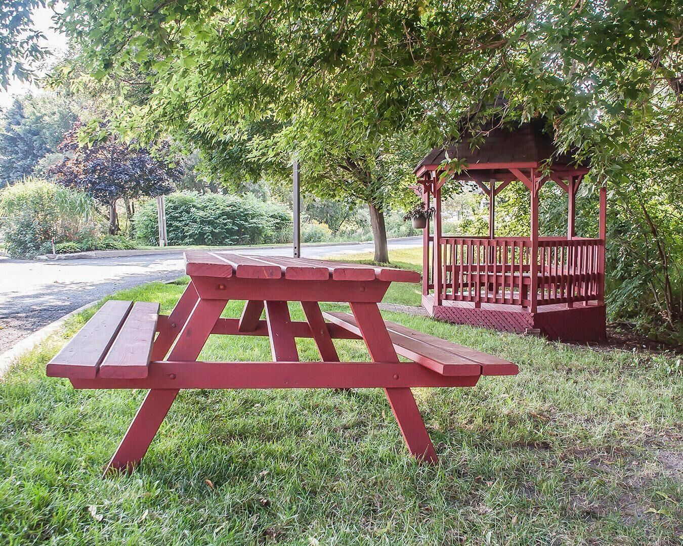 Une table de pique-nique et un kiosque dans un parc.