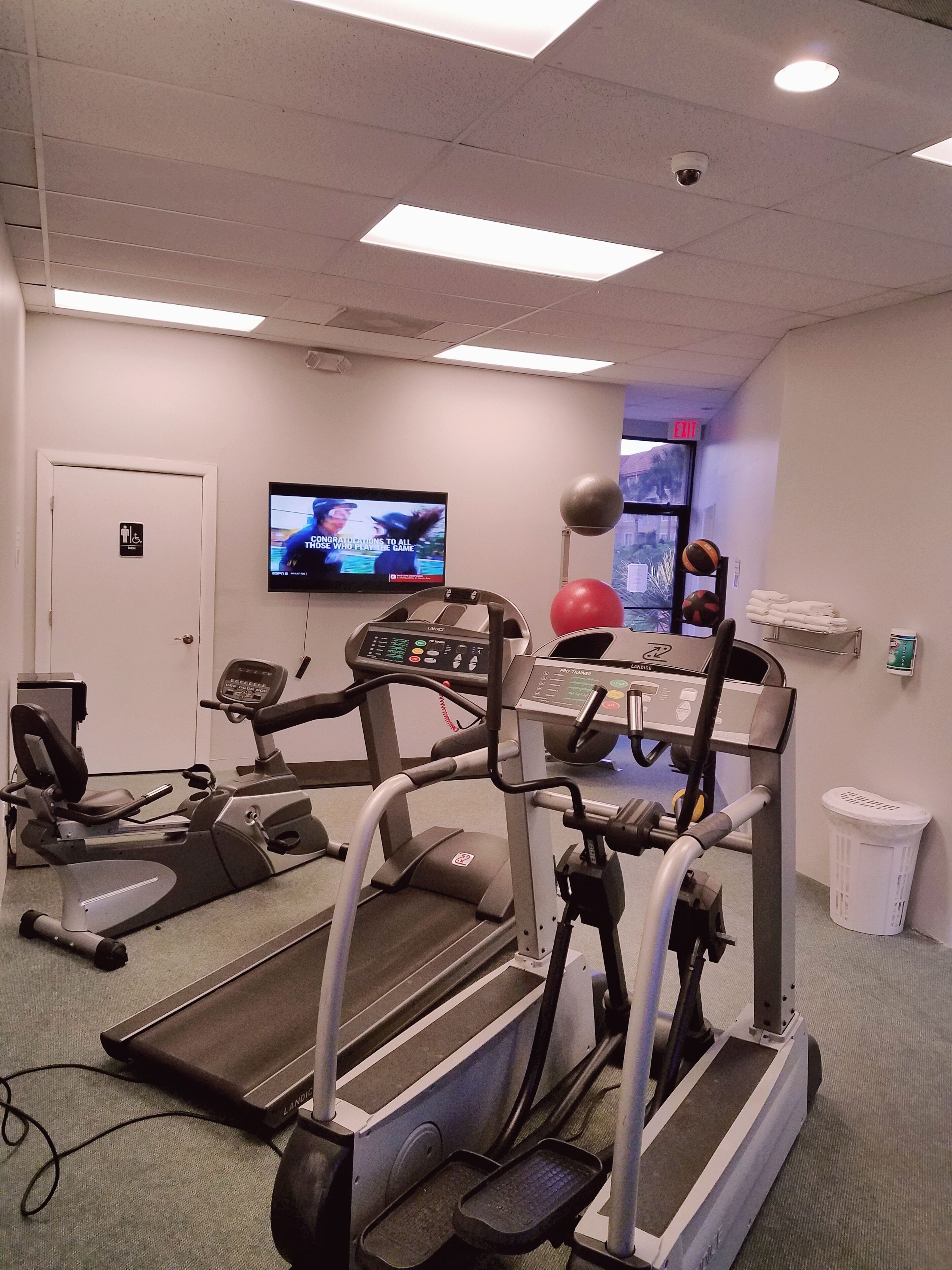 Ein Fitnessraum mit Laufbändern, einem Ergometer und einem Rudergerät.