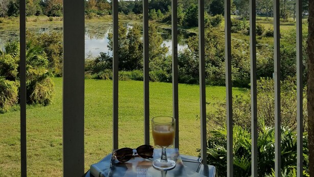 A balcony with a table holding a drink and sunglasses, overlooking a green landscape with trees and a body of water. - Parc Corniche Condominium Suite Hotel (Orlando)