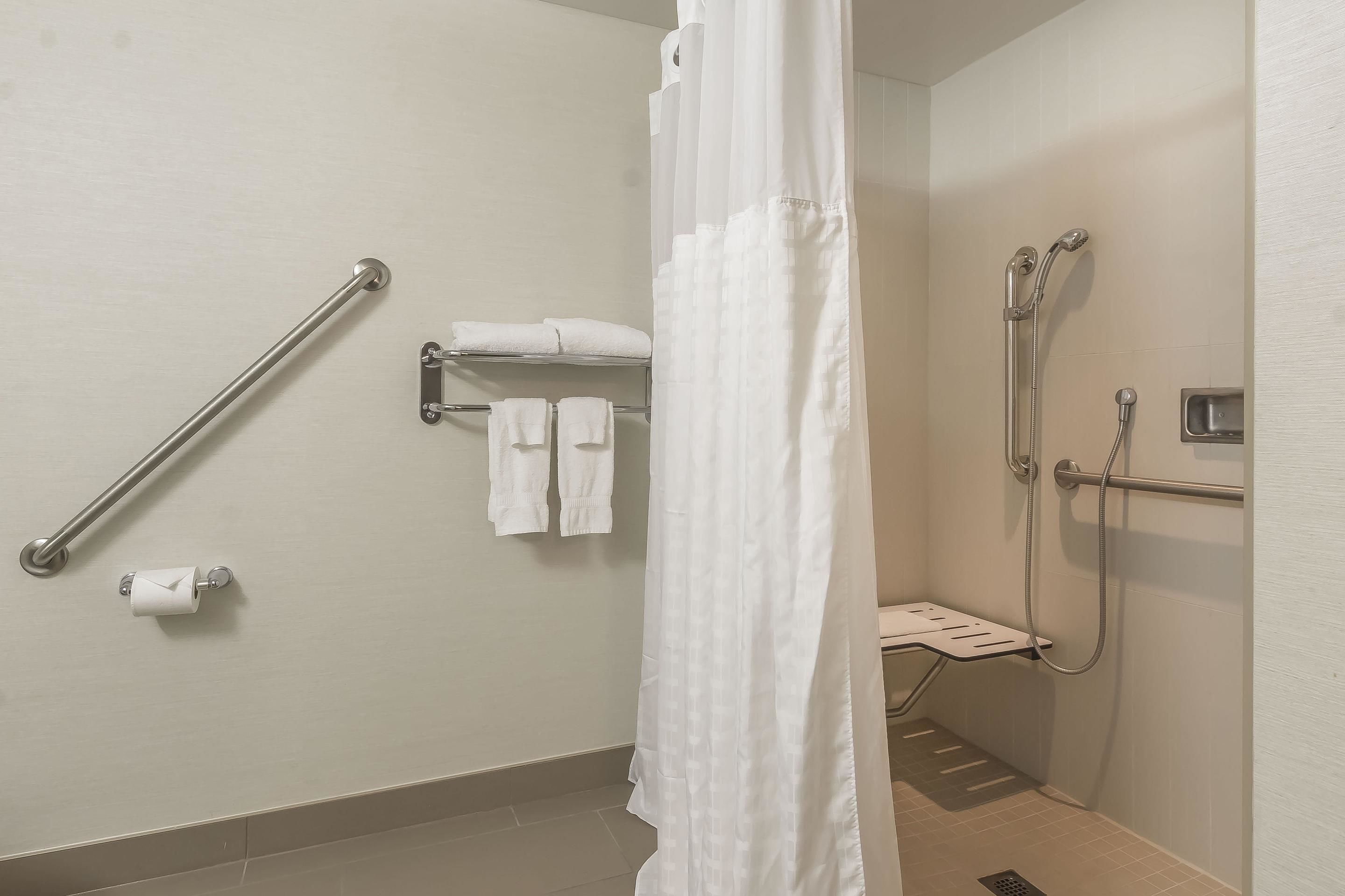 A bathroom with a shower, grab bars, a towel rack, and a toilet paper holder.