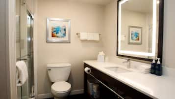 A modern bathroom with a glass shower enclosure, a toilet, a sink with a mirror, and two framed artworks on the wall.