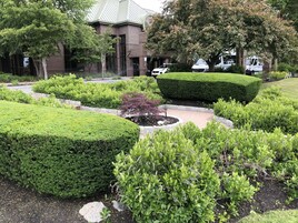 Un jardín ajardinado con setos cuidadosamente recortados, un parterre circular central y un edificio de ladrillo con un tejado característico al fondo.