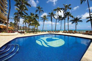 Outdoor pool, open 8:00 AM to 8:00 PM, pool umbrellas, sun loungers