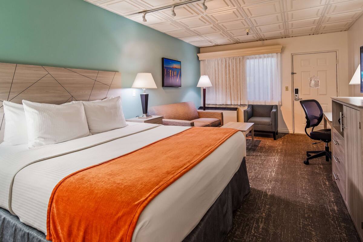 standard room, 1 king bed, non smoking, refrigerator & microwave (larger room;with sofabed) | desk, blackout curtains, iron/ironing board, free cots/infant beds