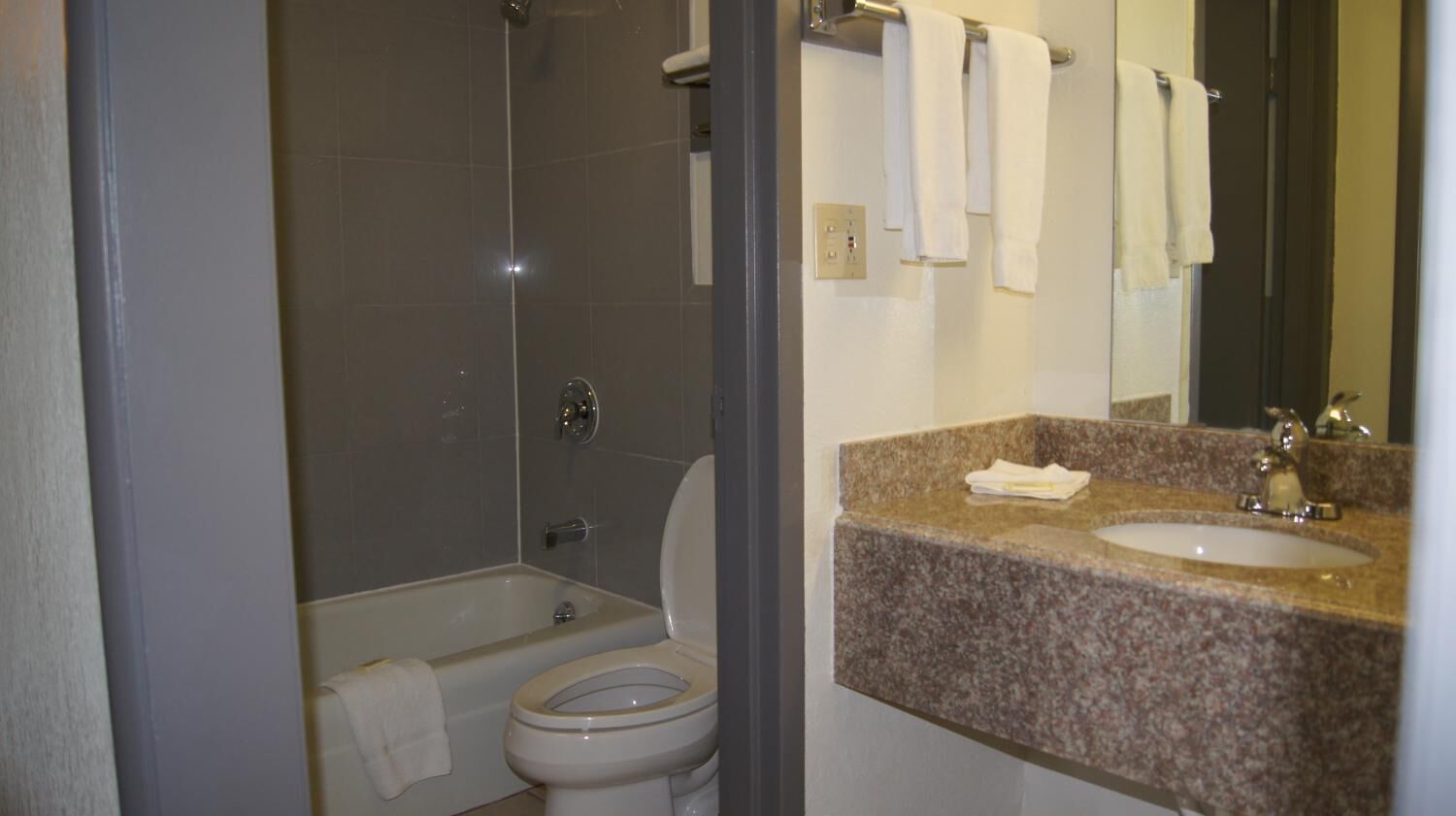 Une salle de bain avec douche, toilettes et lavabo.