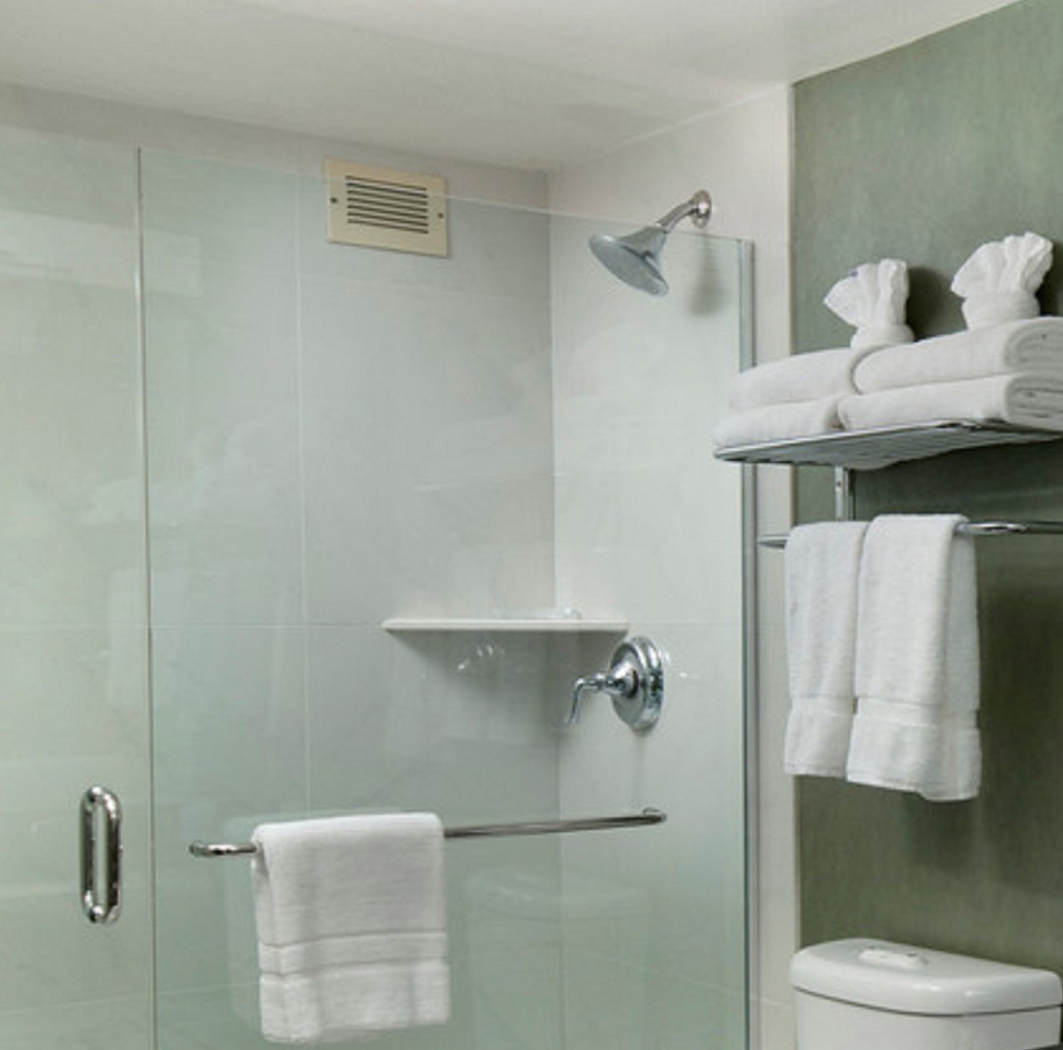 Un baño moderno con cabina de ducha de vidrio, puerta de cristal, toallero con toallas y un inodoro.