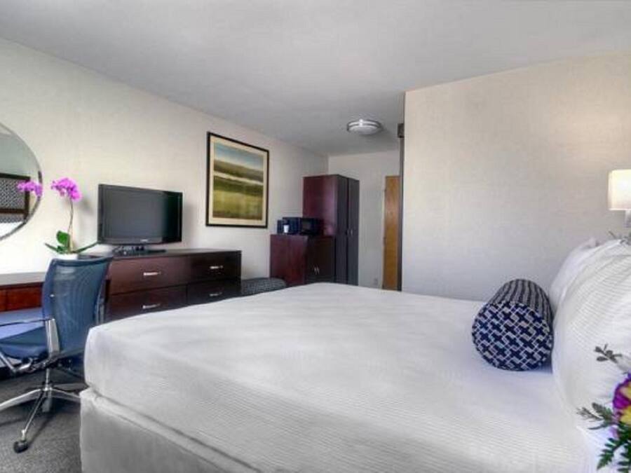 A hotel room with a bed, a desk with a chair, a television, a wardrobe, and a painting on the wall.