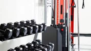 A row of black dumbbells on a rack in a gym setting.