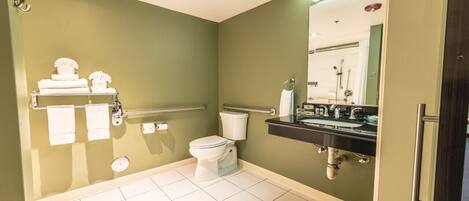 A bathroom with a toilet, sink, and handrails.