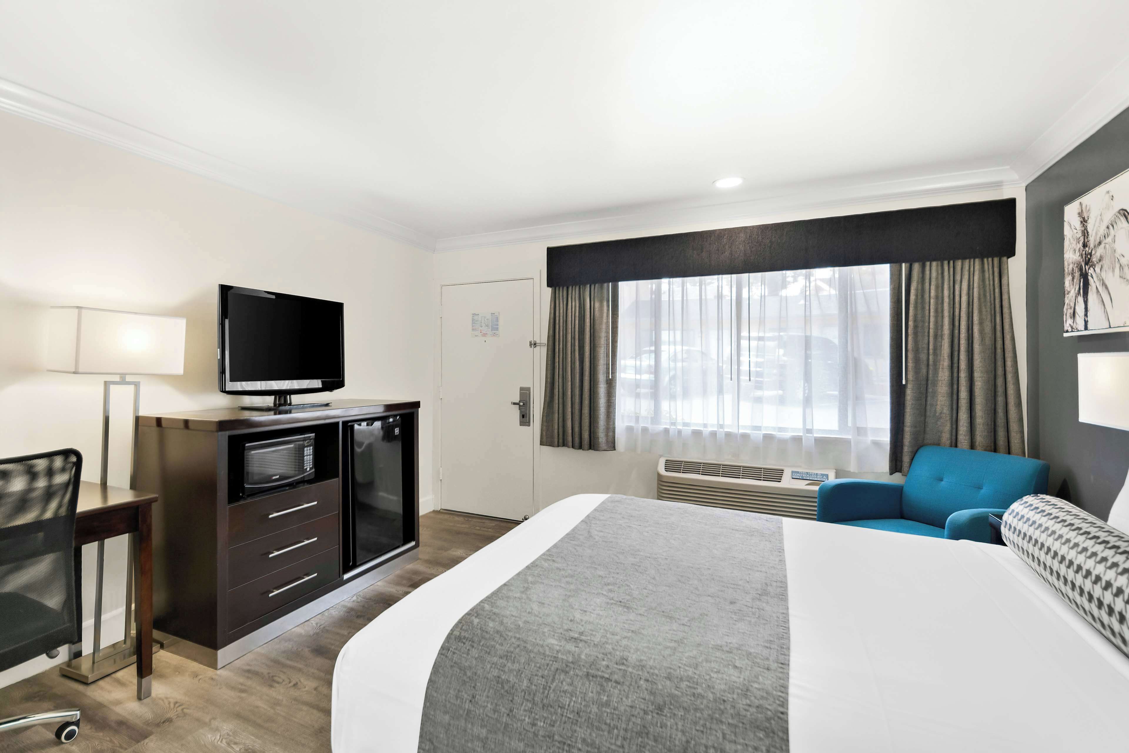 A hotel room with a bed, a desk with a television, a chair, and a blue sofa.