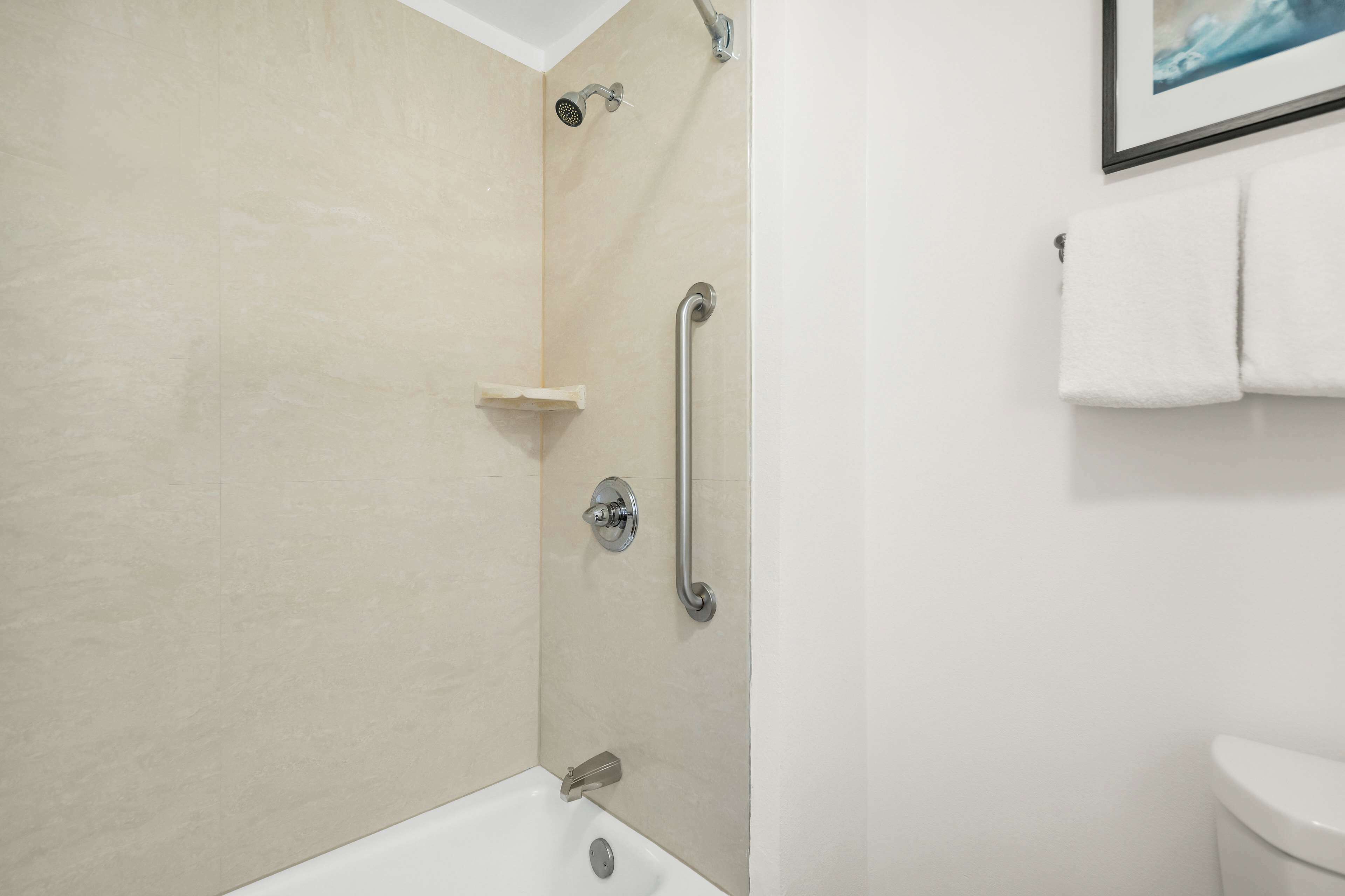 combined shower/bathtub, free toiletries, hair dryer, towels